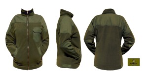 P12 - Polar w typie służb mundurowych, w kolorze khaki, z naszyciami na ramionach i łokciach i dodatkową kieszonką na piersi, z tkaniny w kolorze khaki.