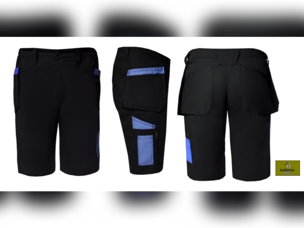 SP9 - Spodnie robocze krótkie, w kolorze granatowym, z wiszącymi kieszeniami, z dodatkami w kolorze niebieskim