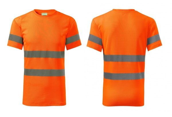 K/k1 -  Koszulka z tkaniny fluorescencyjnej w kolorze pomarańczowym, z elementami odblaskowymi w kolorze srebrnym.