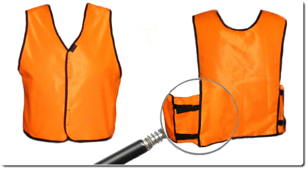 K/k11 - Kamizela odblaskowa pomarańczowa, tkanina fluorescencyjna wodo- i olejoodporna, spinana na boku - regulowany obwód klatki piersiowej.