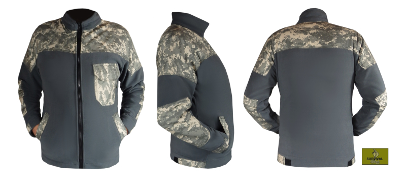 M16 - Polar w typie służb mundurowych, w kolorze szarym, z naszyciami z tkaniny moro (moro piksel) na ramionach i łokciach i dodatkową kieszonką na piersi.