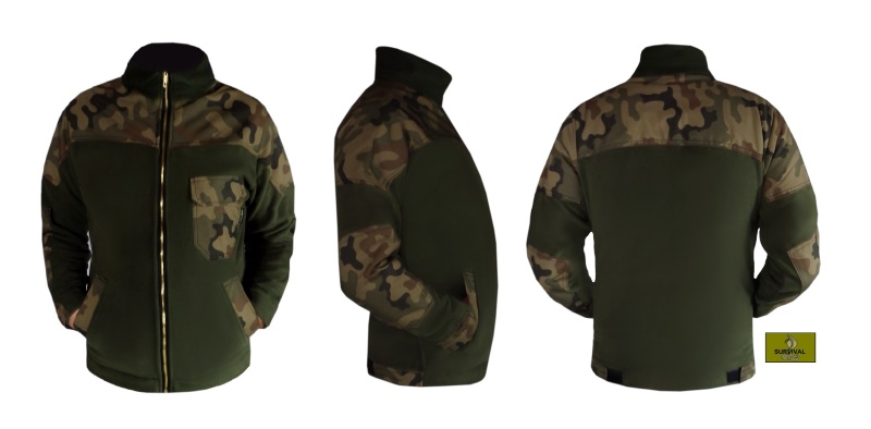 M12 - Polar w typie służb mundurowych, w kolorze khaki, z naszyciami z  tkaniny moro (polskie moro) na ramionach i łokciach i dodatkową kieszonką na piersi.