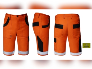 SP16 - Spodnie robocze krótkie, w kolorze pomarańczowym, z dodatkami w kolorze czarnym i naszytymi pasami odblaskowymi