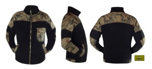 P6 - Polar w typie służb mundurowych, w kolorze czarnym, z naszyciami z tkaniny moro (polskie moro) na ramionach i łokciach i dodatkową kieszonką na piersi.