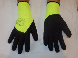 Rk 20 - Rękawice zimowe,  ocieplane, dziane, lateksowe, kolor żółto-czarny