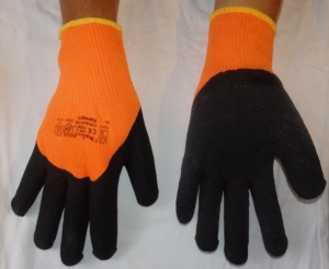 Rk 21 -  Rękawice zimowe,  ocieplane, dziane, lateksowe, kolor pomarańczowo-czarny