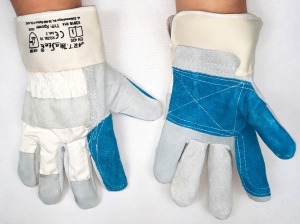 Rk 9 - Rękawice ochronne, wzmacniane skórą bydlęcą, kolor niebiesko-biały