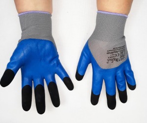 Rk 6 - Rękawice dziane lateksowe, z podwójnie wzmocnionymi czubkami palców, kolor niebiesko-szaro-czarny