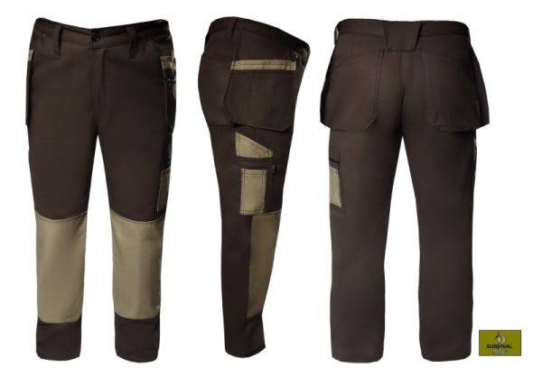  S36 - Spodnie robocze monterskie z wiszącymi kieszeniami w kolorze brązowym z beżowymi dodatkami.