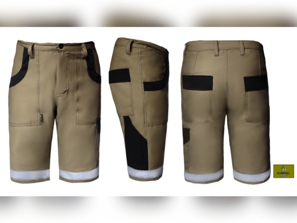 SP10 - Spodnie robocze krótkie, w kolorze beżowym, z dodatkami w kolorze czarnym i naszytymi pasami odblaskowymi