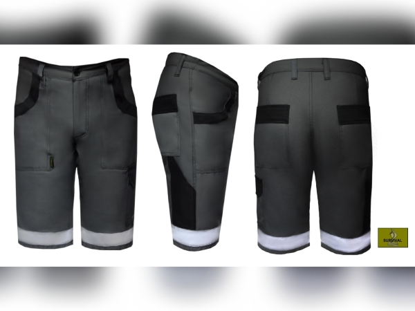 SP11 - Spodnie robocze krótkie, w kolorze ciemno szarym, z dodatkami w kolorze czarnym i naszytymi pasami odblaskowymi