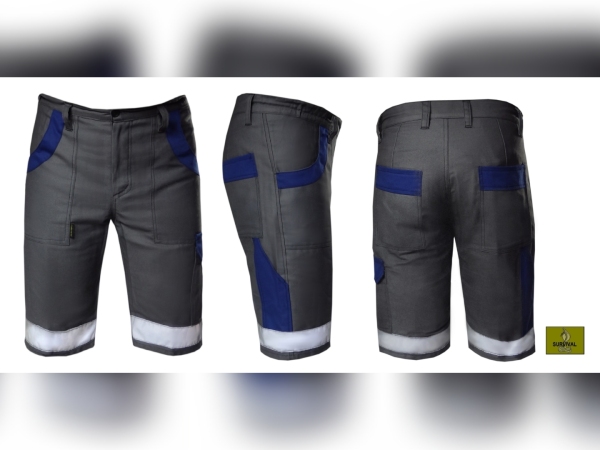 SP12 - Spodnie robocze krótkie, w kolorze ciemno szarym, z dodatkami w kolorze granatowym i naszytymi pasami odblaskowymi