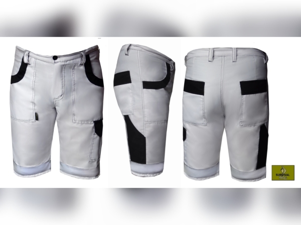 SP13 - Spodnie robocze krótkie, w kolorze białym, z dodatkami w kolorze czarnym i naszytymi pasami odblaskowymi