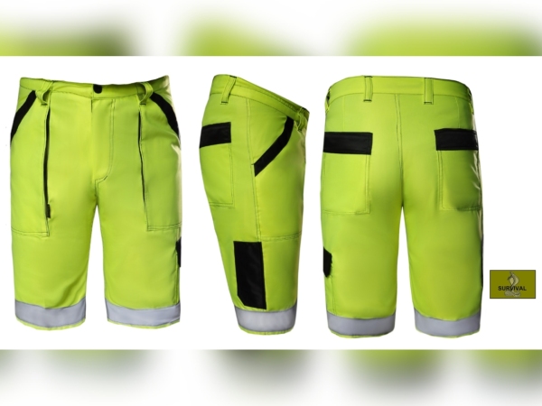 SP14 - Spodnie robocze krótkie, w kolorze żółtym fluo, z dodatkami w kolorze czarnym i naszytymi pasami odblaskowymi