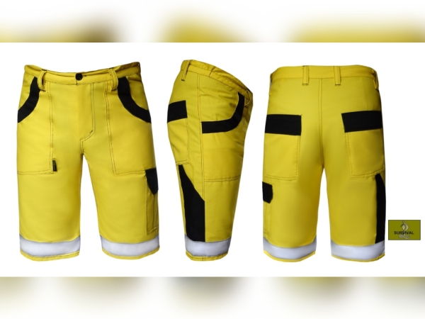 SP15 - Spodnie robocze krótkie, w kolorze żółtym, z dodatkami w kolorze czarnym i naszytymi pasami odblaskowymi