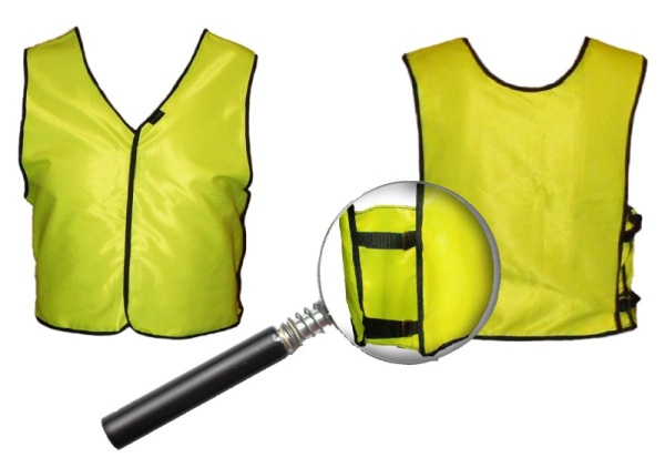 K/k12 - Kamizela odblaskowa żółta, tkanina fluorescencyjna wodo- i olejoodporna, spinana na boku - regulowany obwód klatki piersiowej.