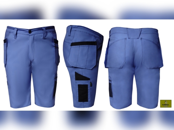 SP8 - Spodnie robocze krótkie, w kolorze niebieskim, z wiszącymi kieszeniami, z dodatkami w kolorze granatowym