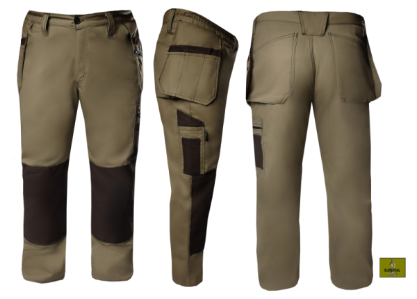 S39 - Spodnie robocze monterskie z wiszącymi kieszeniami w kolorze beżowym z brązowymi dodatkami.