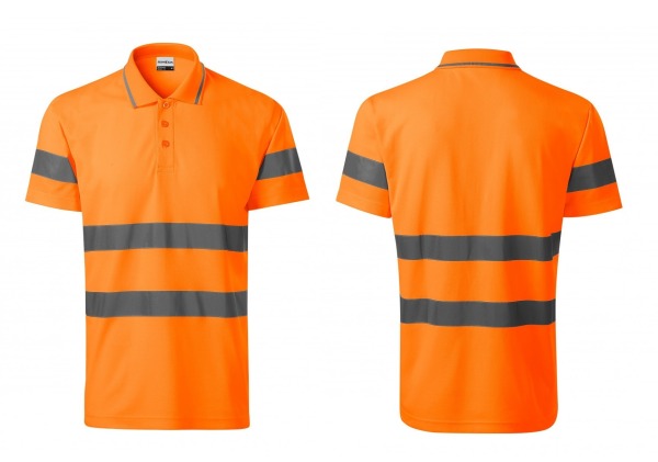 K/k1b -  Koszulka polo z tkaniny fluorescencyjnej w kolorze pomarańczowym, z elementami odblaskowymi w kolorze srebrnym.