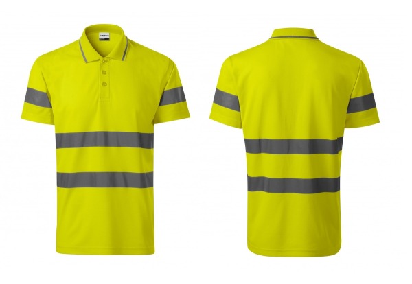 K/k1c -  Koszulka polo z tkaniny fluorescencyjnej w kolorze żółtym, z elementami odblaskowymi w kolorze srebrnym.