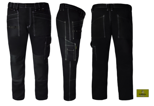  S33 - Spodnie robocze z bardzo dużą ilością kieszeni, czarne, z ozdobnymi naszyciami w kolorze białym.