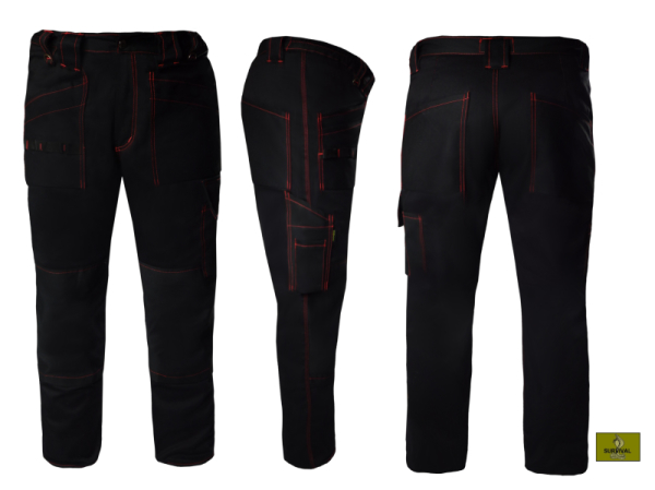  S32 - Spodnie robocze z bardzo dużą ilością kieszeni, czarne, z ozdobnymi naszyciami w kolorze czerwonym.