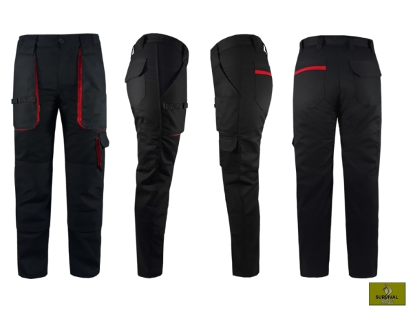  S22 - Spodnie robocze w kolorze 
czarnym, z dodatkami w kolorze 
czerwonym.