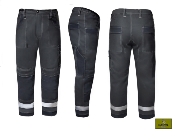  S27 - Spodnie robocze dekarskie, w kolorze jasnoszary z dodatkami w kolorze stalowoszarym, ozdobne białe naszycia.