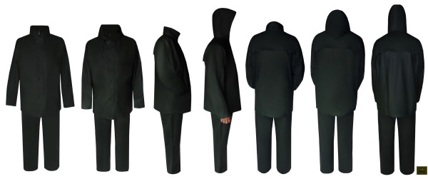 I1 - Komplet wodoodoprny: płaszcz przeciwdeszczowy + spodnie przeciwdeszczowe. Możliwość rozkompletowania.